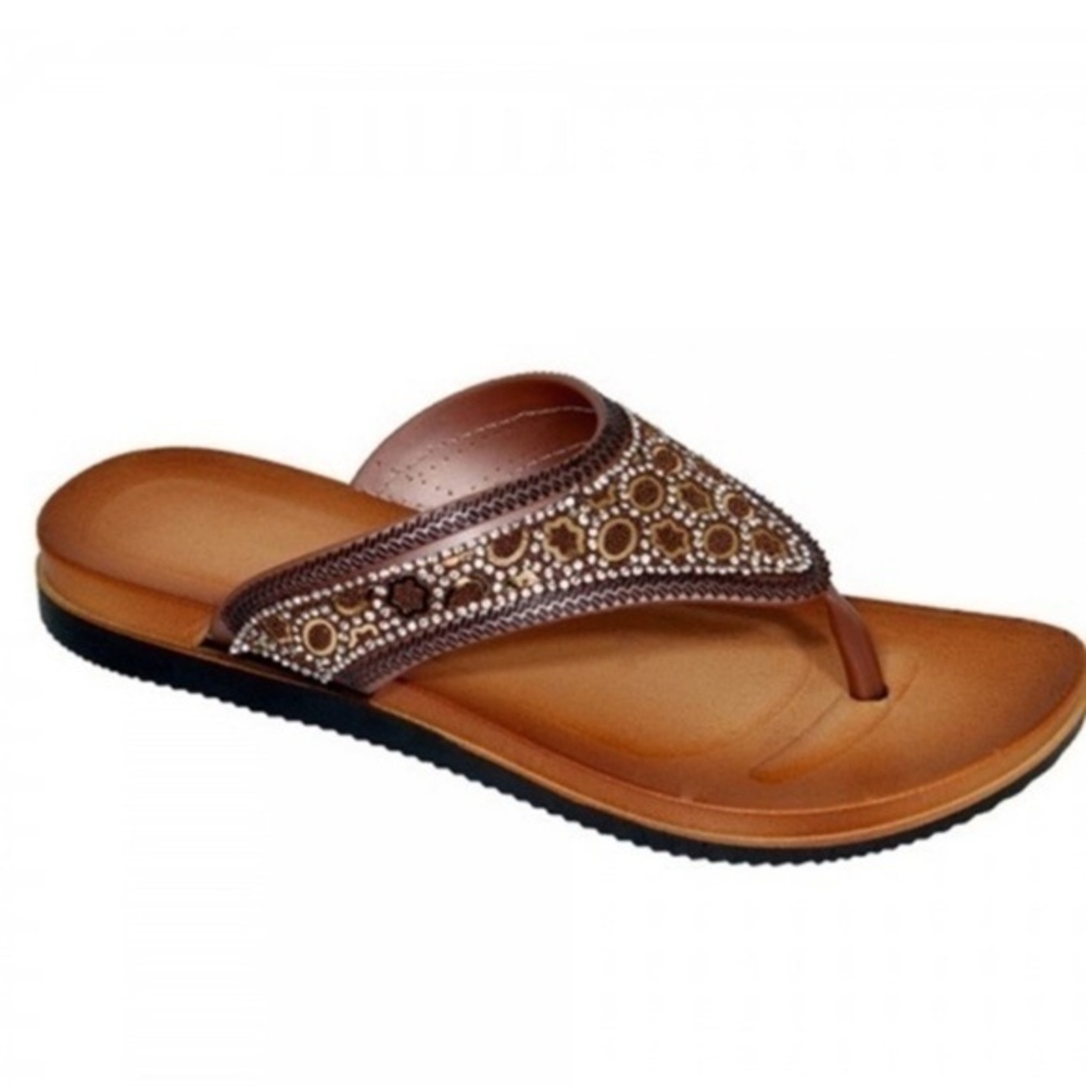 Brown rhinestone flip flops​
